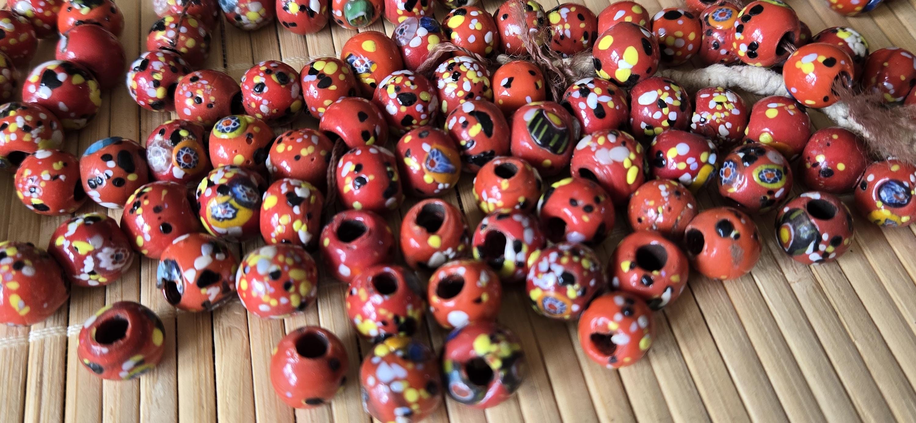 10 beads - Ethnic Nepali reddish orange color dotted sherpa glass beads rondelle from Nepal- BD944H