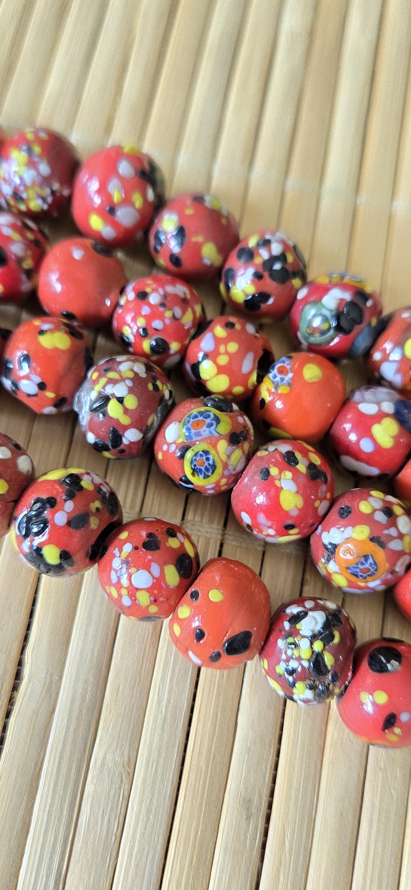 10 beads - Ethnic Nepali reddish orange color dotted sherpa glass beads rondelle from Nepal- BD944H