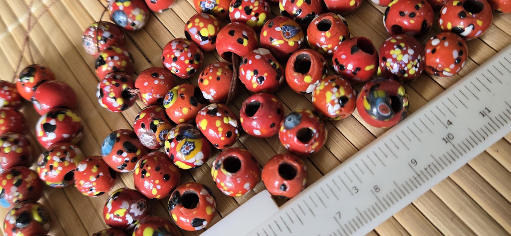 10 beads - Ethnic Nepali reddish orange color dotted sherpa glass beads rondelle from Nepal- BD944H