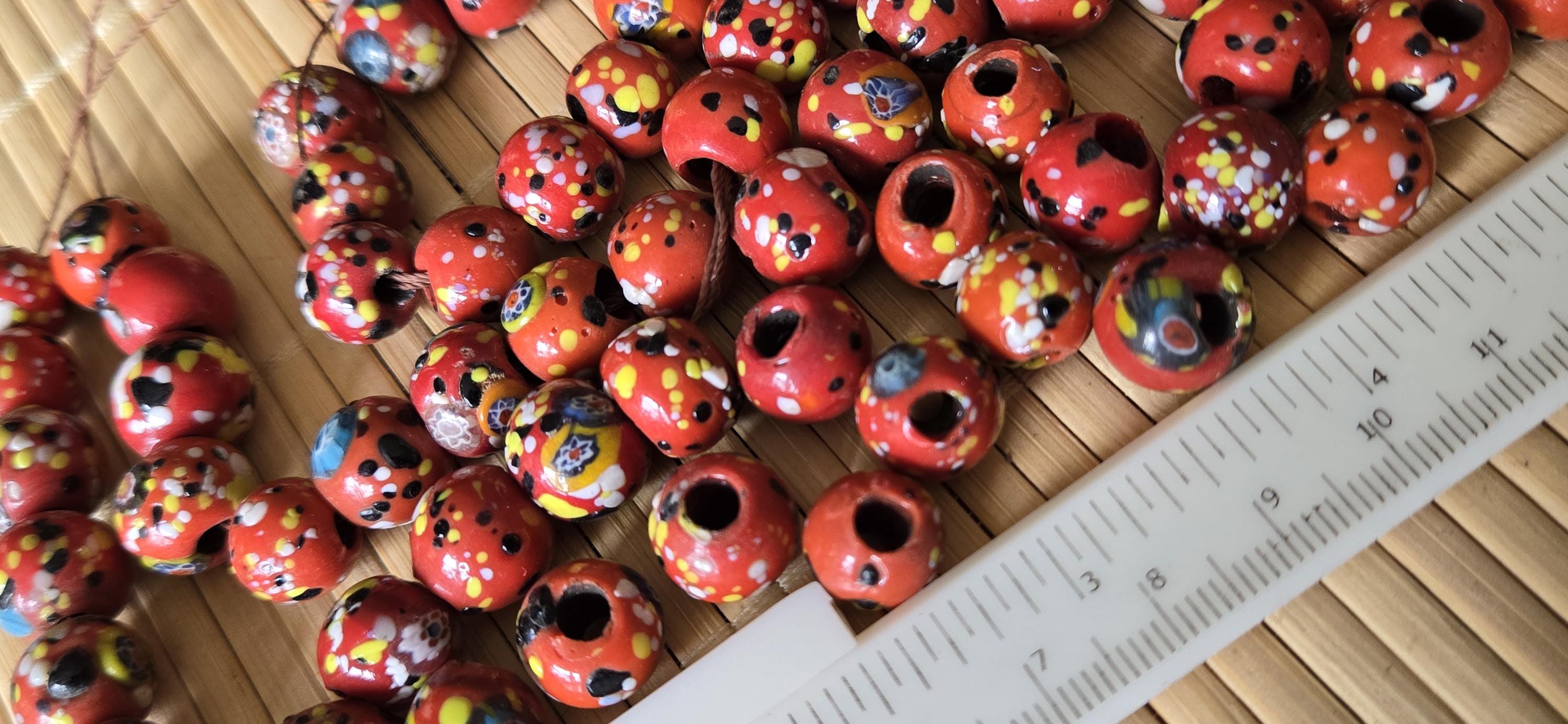10 beads - Ethnic Nepali reddish orange color dotted sherpa glass beads rondelle from Nepal- BD944H