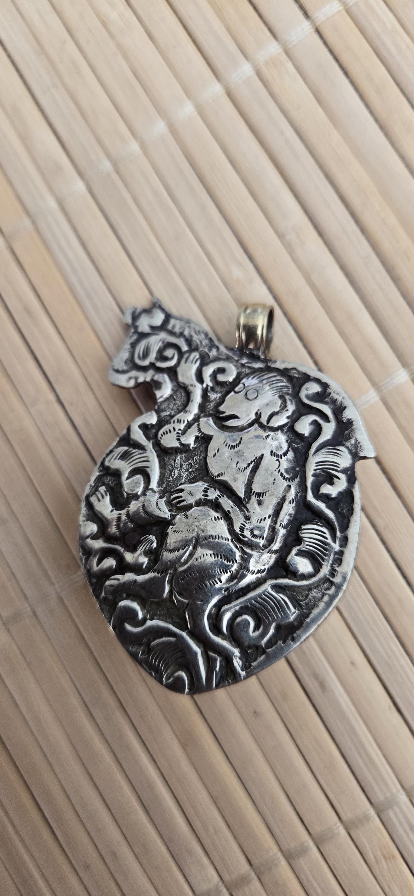 Tibetan silver repousse Horse pendant inlaid with turquoise inlay and reverse side monkey repousse design - PM278B