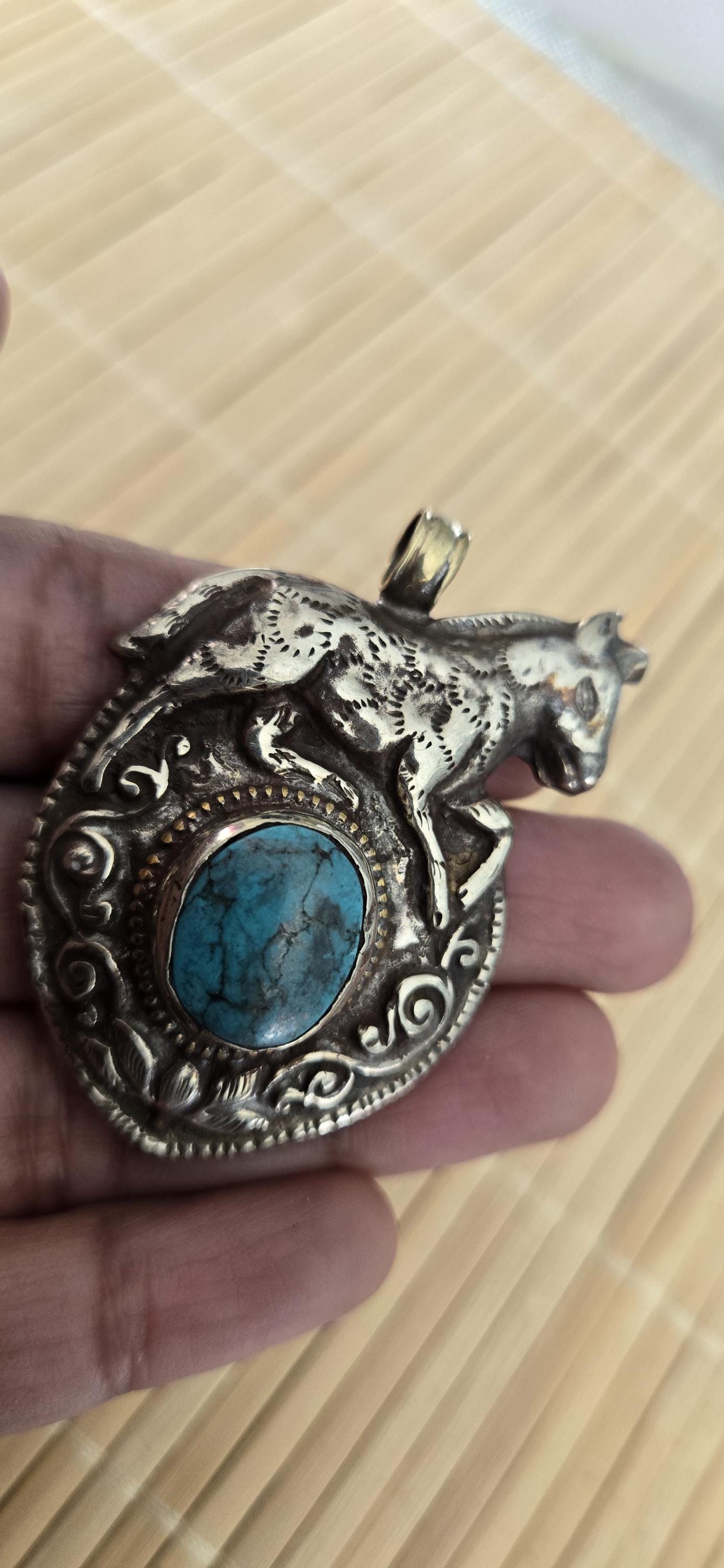 Tibetan silver repousse Horse pendant inlaid with turquoise inlay and reverse side monkey repousse design - PM278B