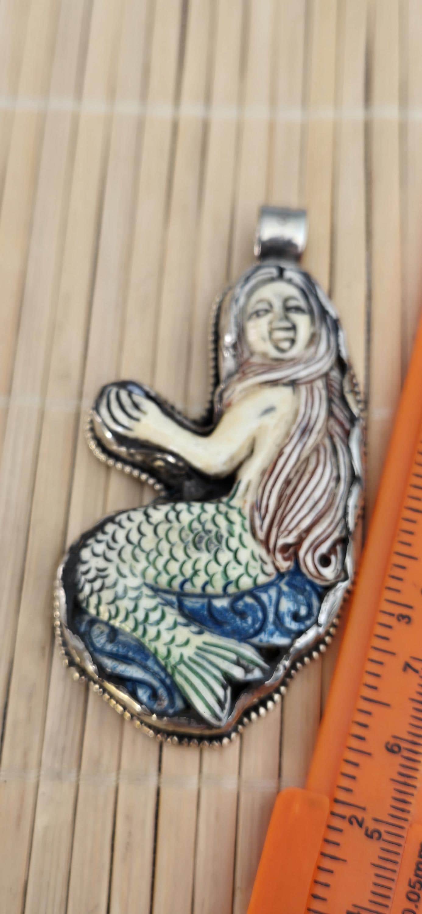 1 mermaid Pendant - Large size carved painted upcycled cattle bone pendant with mermaid design floral carving on reverse side - PM278D