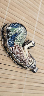 1 mermaid Pendant - Large size carved painted upcycled cattle bone pendant with mermaid design floral carving on reverse side - PM278D