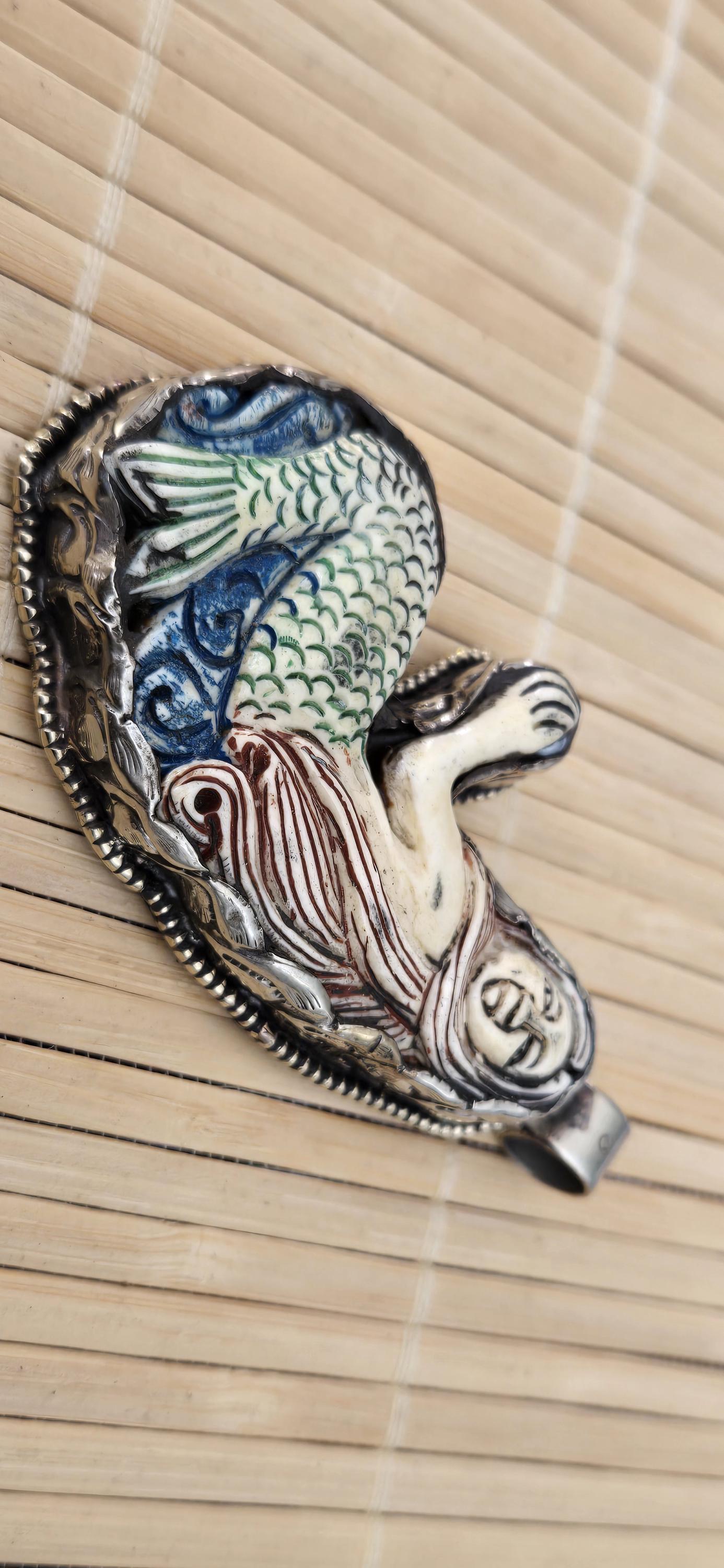 1 mermaid Pendant - Large size carved painted upcycled cattle bone pendant with mermaid design floral carving on reverse side - PM278D