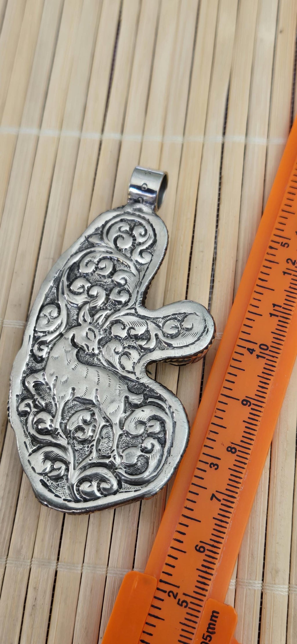 1 mermaid Pendant - Large size carved painted upcycled cattle bone pendant with mermaid design floral carving on reverse side - PM278D
