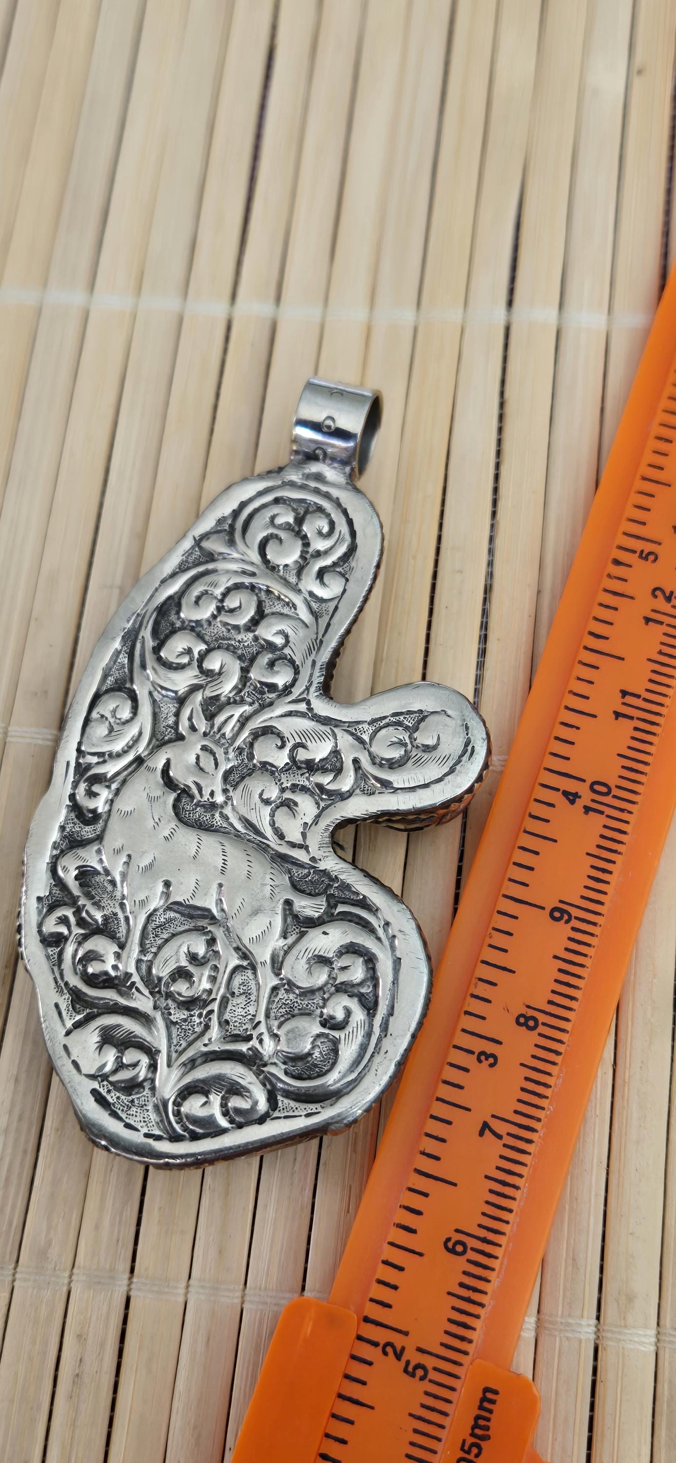 1 mermaid Pendant - Large size carved painted upcycled cattle bone pendant with mermaid design floral carving on reverse side - PM278D