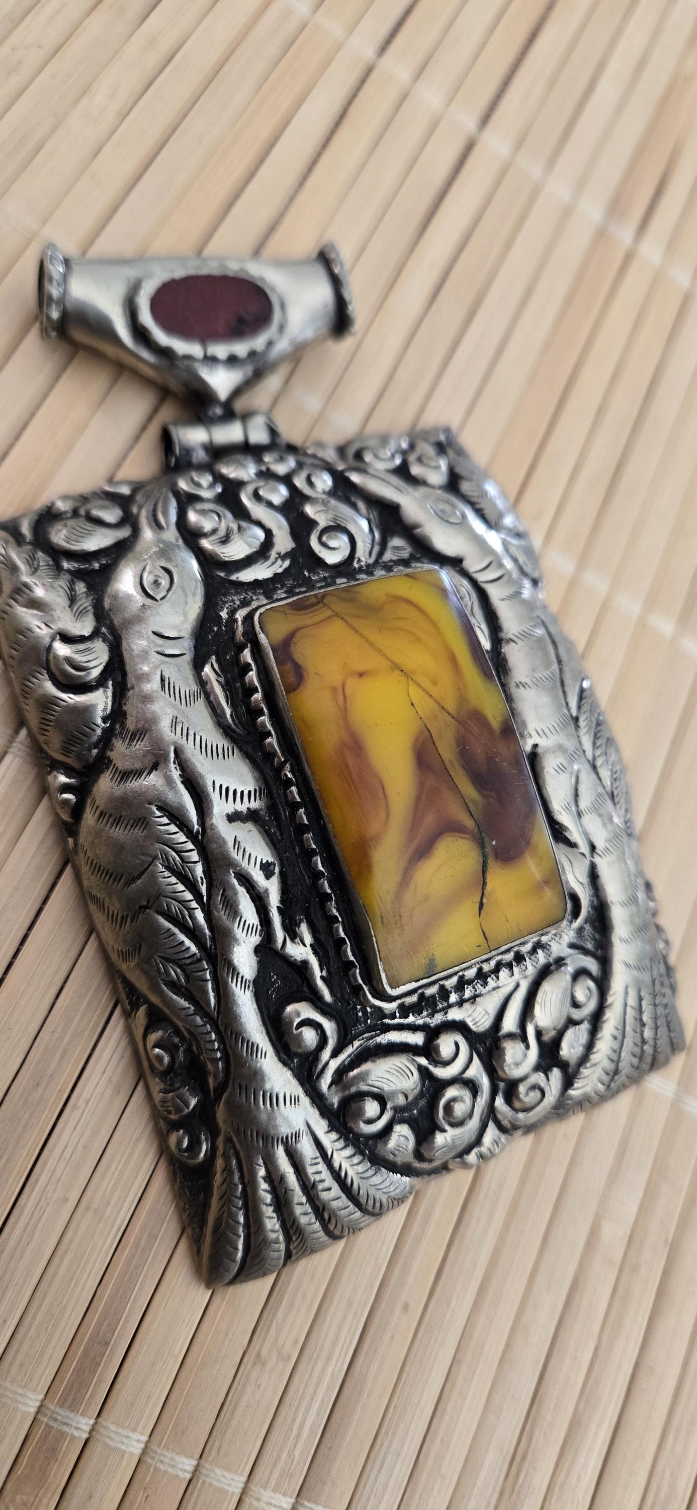OOAK Extra Large Tibetan Silver Repousse phoenix Bird carving pendant with resin coral inlay - PM278L