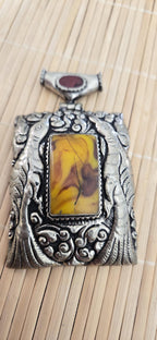 OOAK Extra Large Tibetan Silver Repousse phoenix Bird carving pendant with resin coral inlay - PM278L