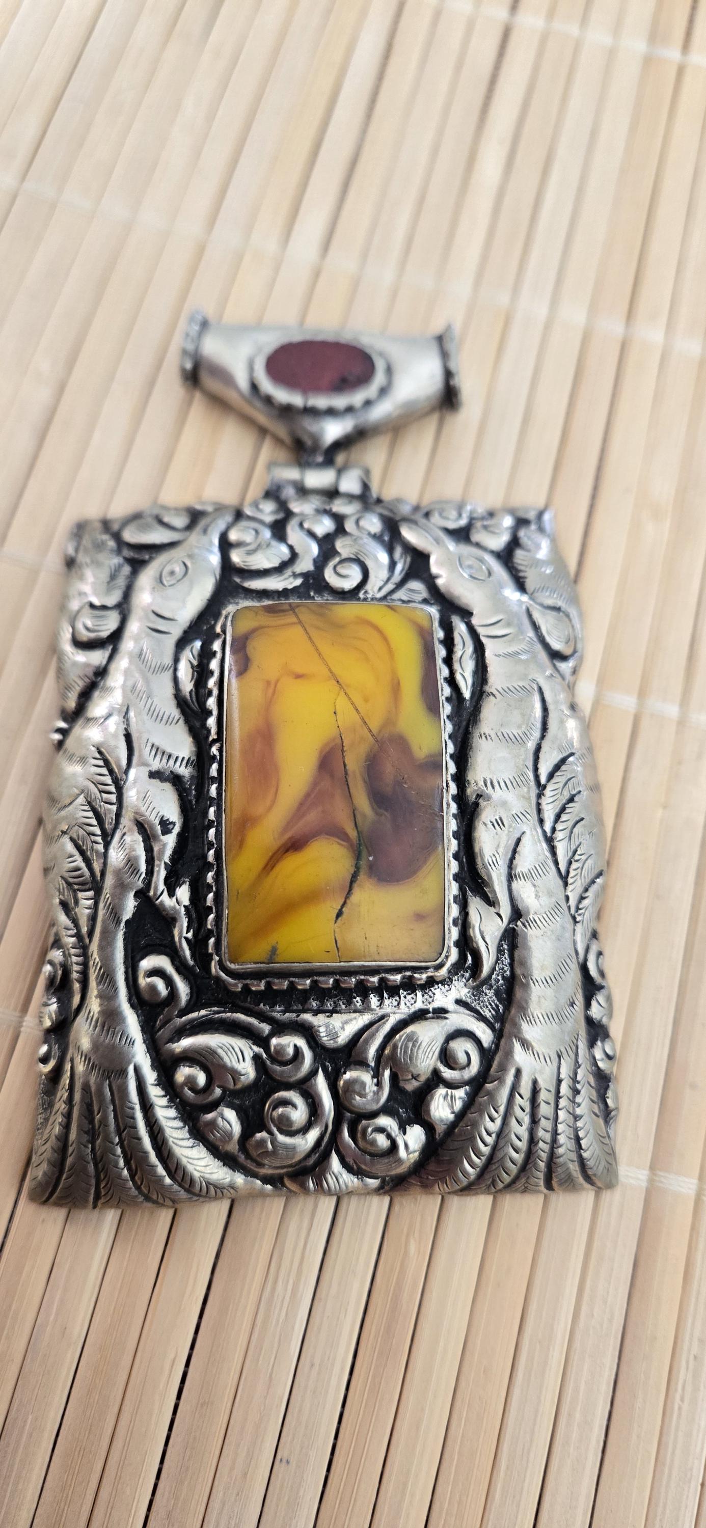 OOAK Extra Large Tibetan Silver Repousse phoenix Bird carving pendant with resin coral inlay - PM278L