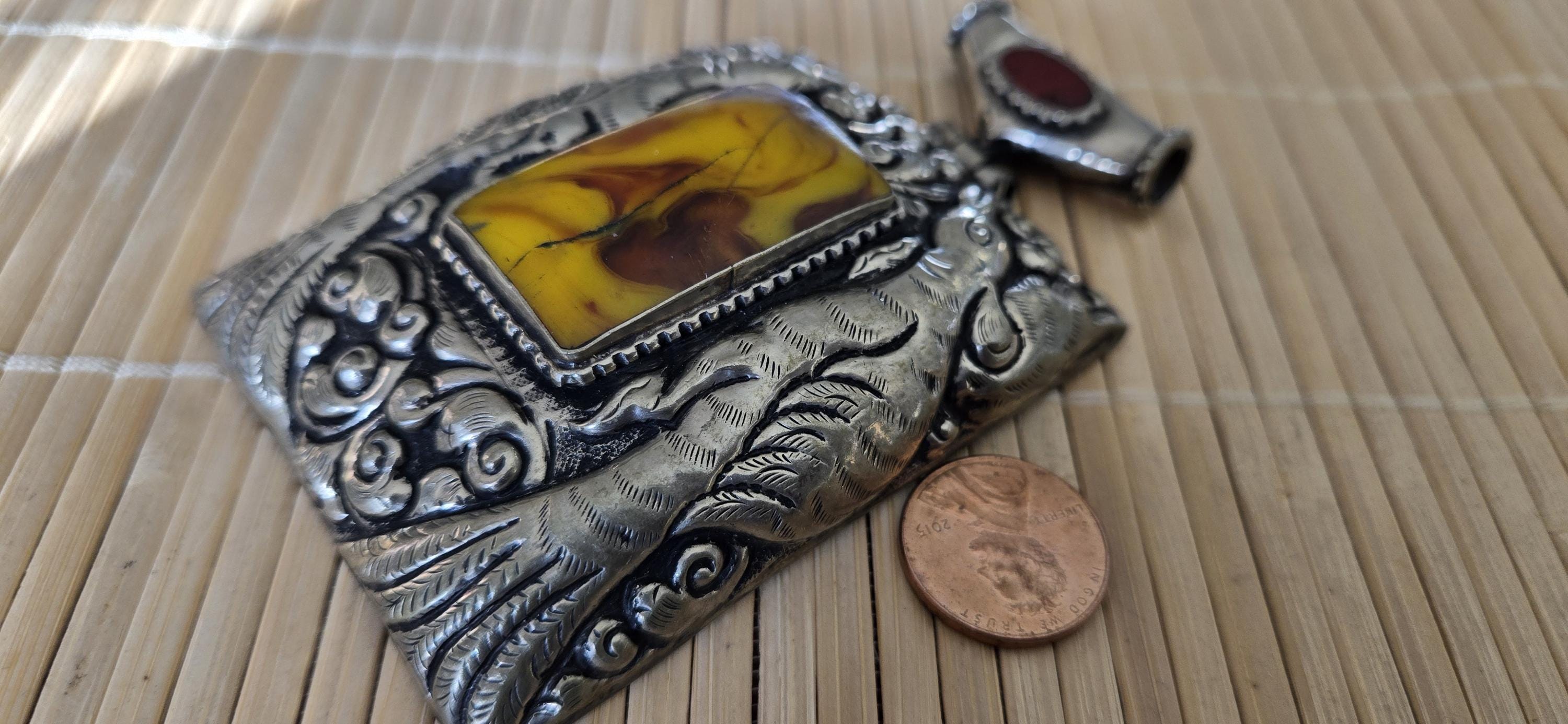 OOAK Extra Large Tibetan Silver Repousse phoenix Bird carving pendant with resin coral inlay - PM278L