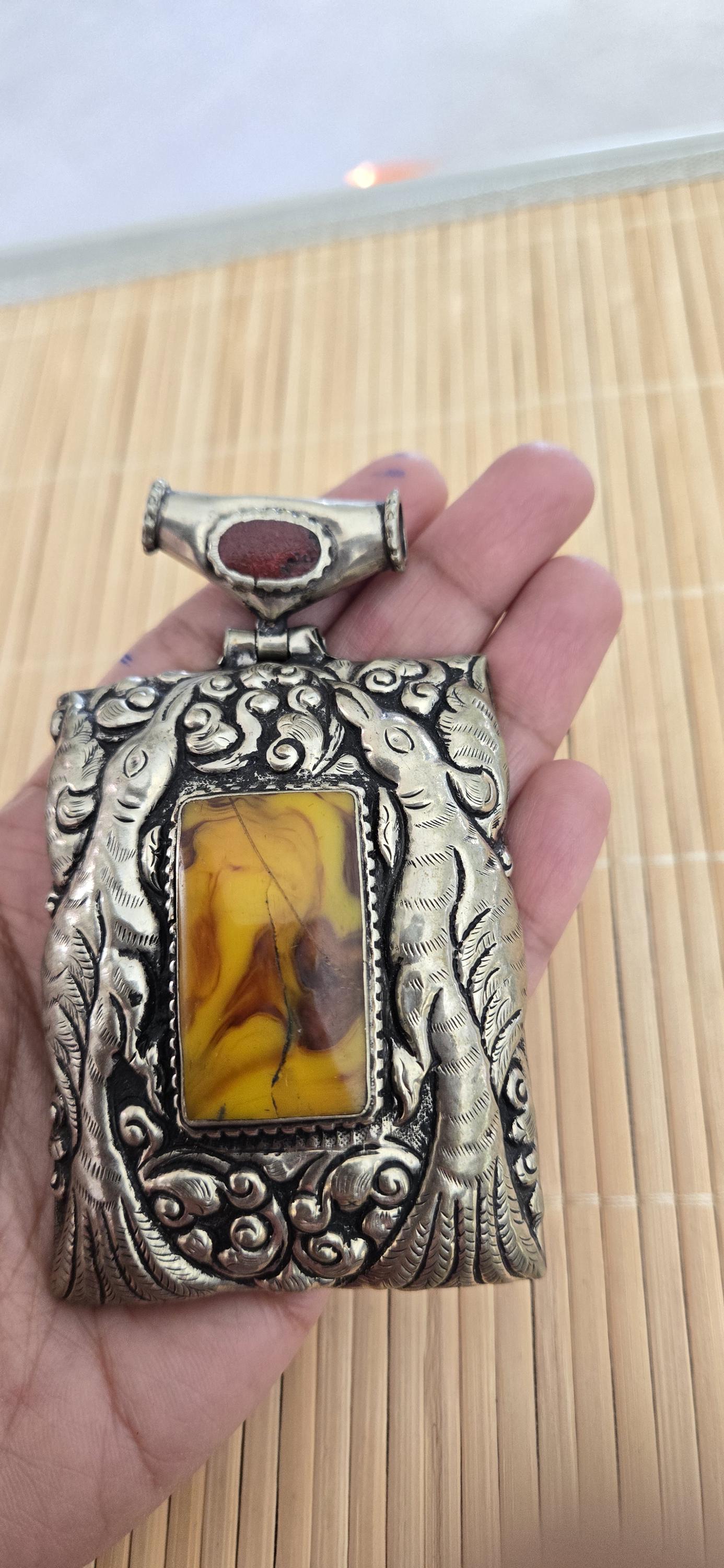 OOAK Extra Large Tibetan Silver Repousse phoenix Bird carving pendant with resin coral inlay - PM278L