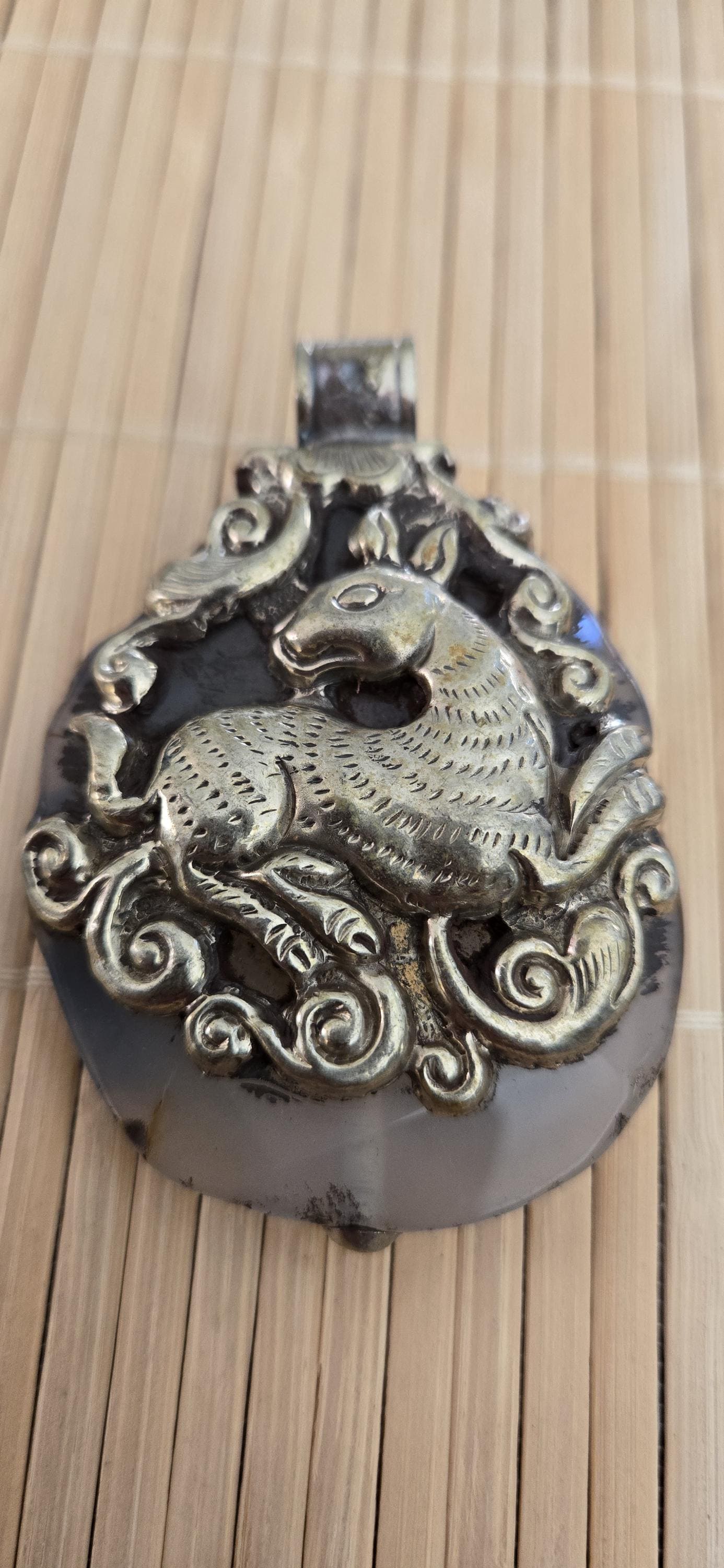 OOAK large freeform Tibetan pendant agate gemstone elephant pendant with deer reversible design unique nepal pendants - 1 pc - PM275A