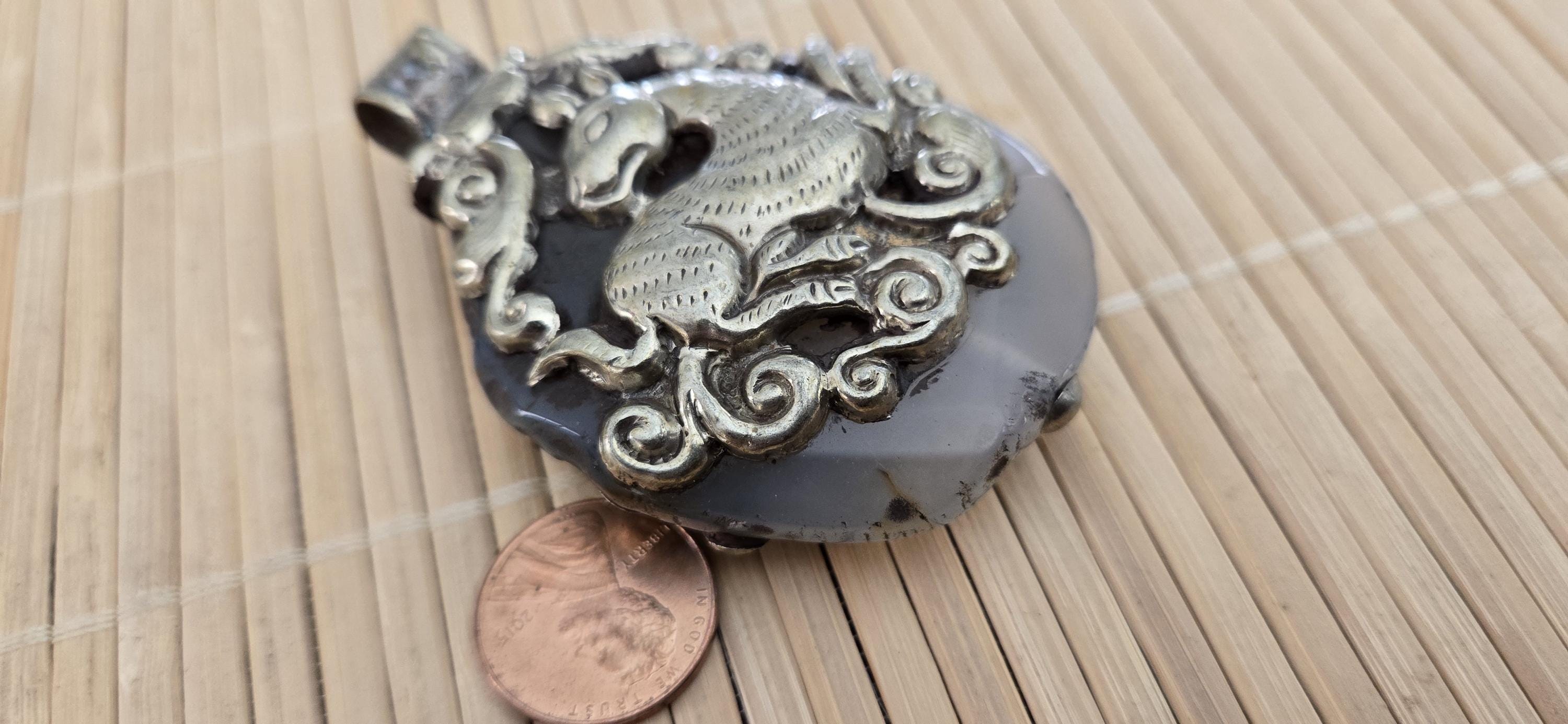 OOAK large freeform Tibetan pendant agate gemstone elephant pendant with deer reversible design unique nepal pendants - 1 pc - PM275A