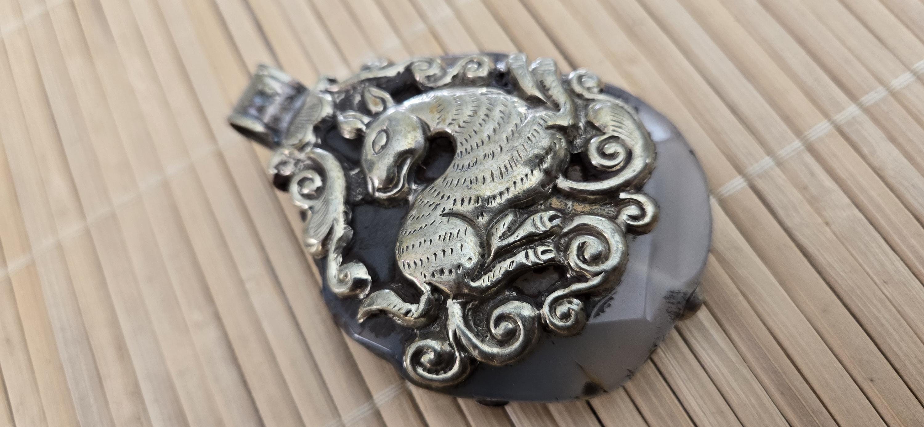 OOAK large freeform Tibetan pendant agate gemstone elephant pendant with deer reversible design unique nepal pendants - 1 pc - PM275A