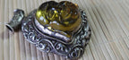 Gorgeous Statement Pendant Tibetan silver happy buddha face resin pendant with floral bird repousse PM405G