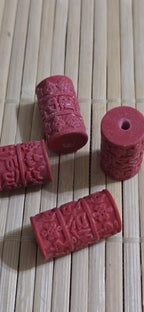 1 bead - Cylinder column shape carved lacquerware synthetic cinnabar Om mantra and ashtamangala symbol beads - BD826
