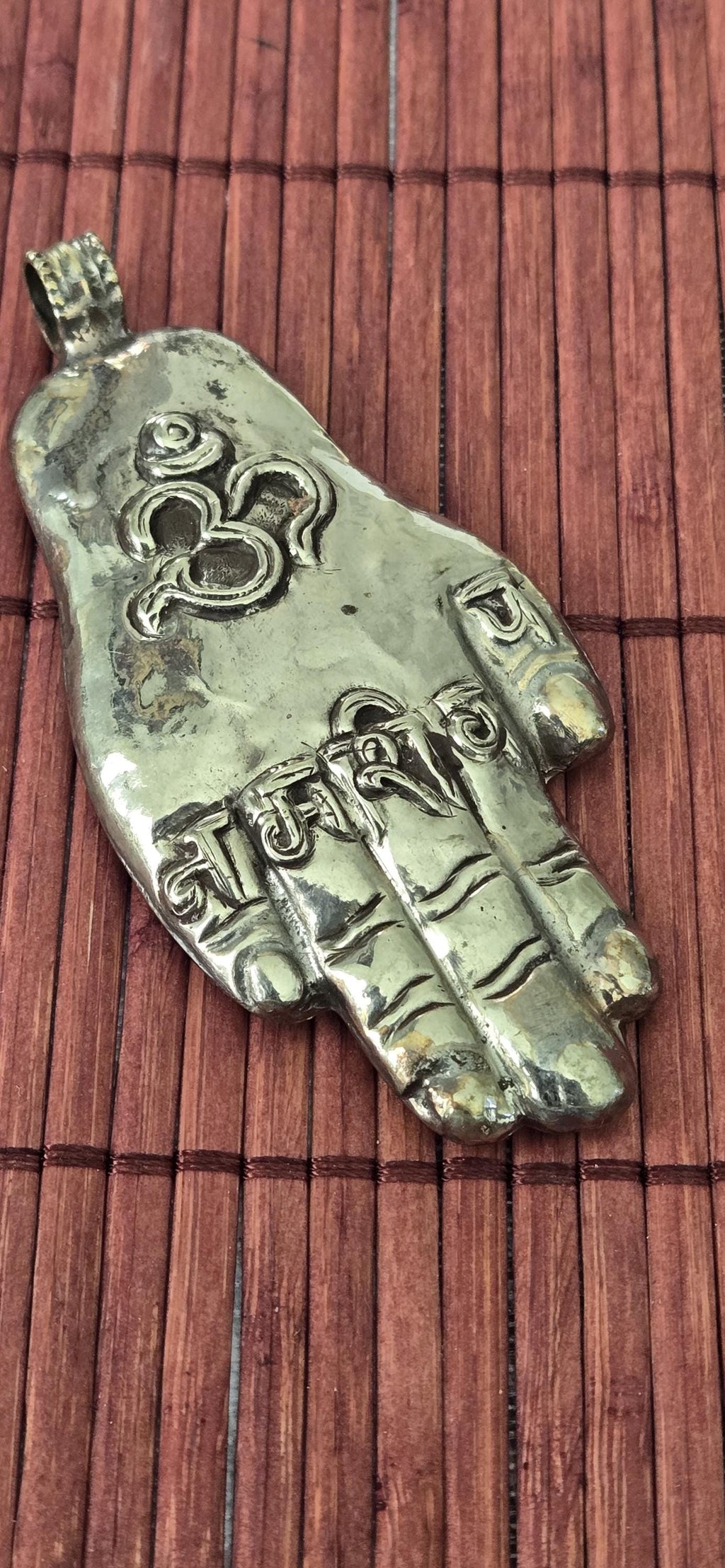OOAK - Large Tibetan antiqued silver finish holy mantra Om namah shivay inscribed hand pendant floral carving reverse side from Nepal PM339G