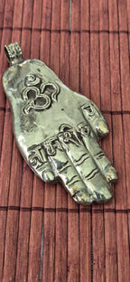 OOAK - Large Tibetan antiqued silver finish holy mantra Om namah shivay inscribed hand pendant floral carving reverse side from Nepal PM339G