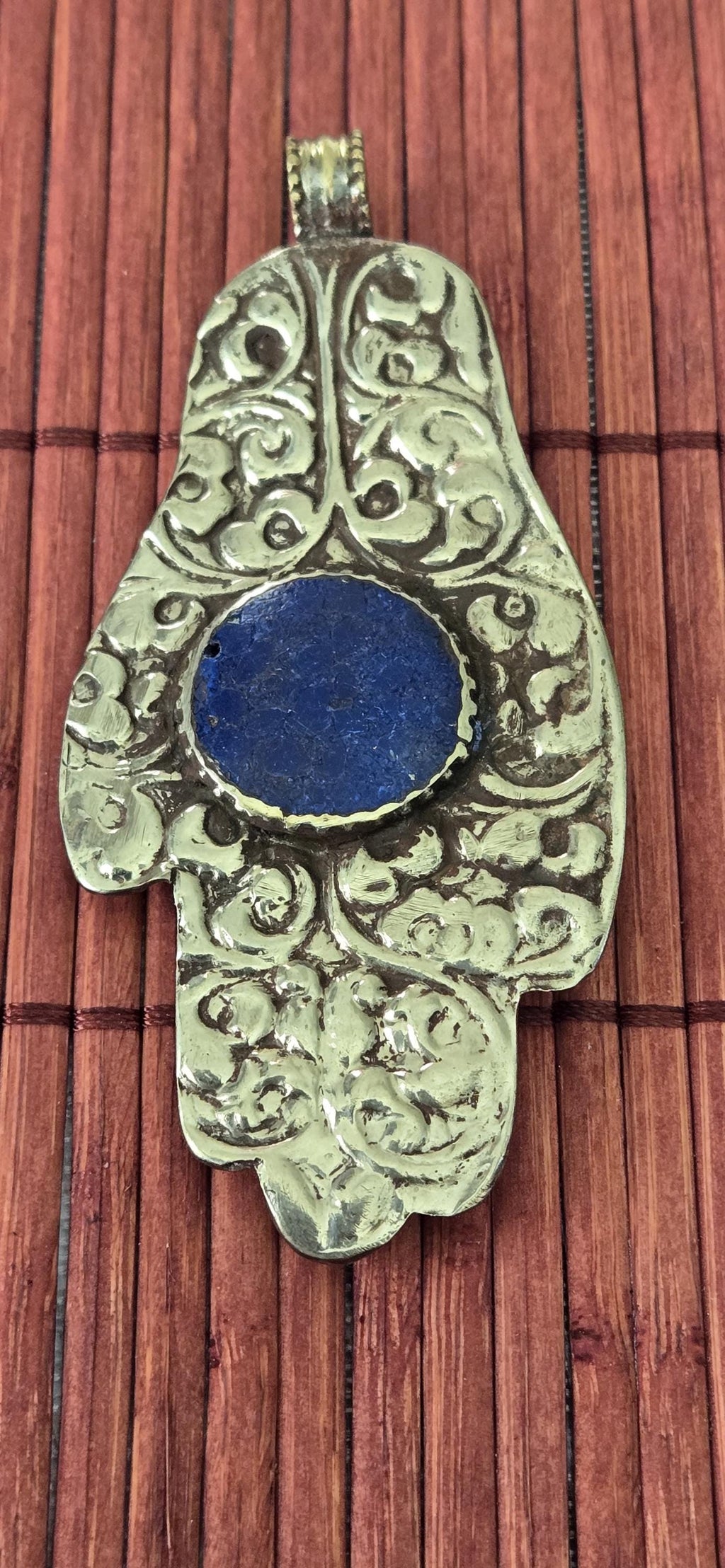 OOAK - Large Tibetan antiqued silver finish holy mantra Om namah shivay inscribed hand pendant floral carving reverse side from Nepal PM339G