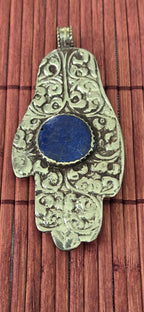 OOAK - Large Tibetan antiqued silver finish holy mantra Om namah shivay inscribed hand pendant floral carving reverse side from Nepal PM339G