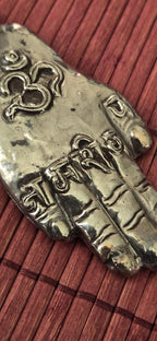 OOAK - Large Tibetan antiqued silver finish holy mantra Om namah shivay inscribed hand pendant floral carving reverse side from Nepal PM339G