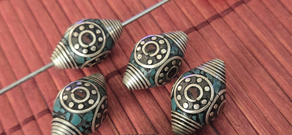 4 beads - Beautiful bicone antiqued silver finish bicone Tibetan beads turquoise coral inlay circles dotted spiral design - BD602A