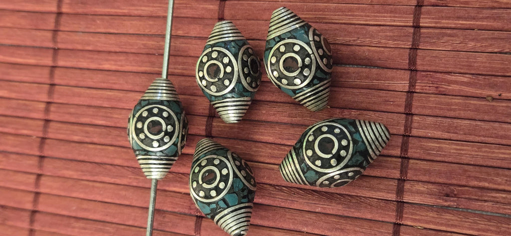 4 beads - Beautiful bicone antiqued silver finish bicone Tibetan beads turquoise coral inlay circles dotted spiral design - BD602A
