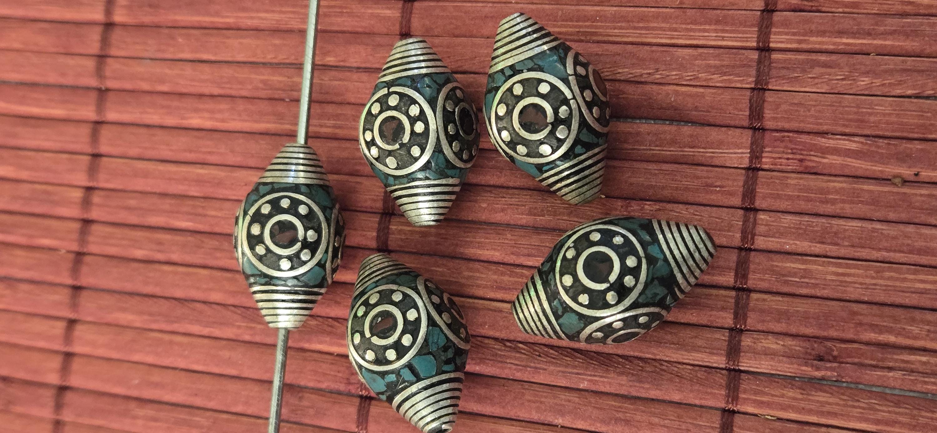 4 beads - Beautiful bicone antiqued silver finish bicone Tibetan beads turquoise coral inlay circles dotted spiral design - BD602A