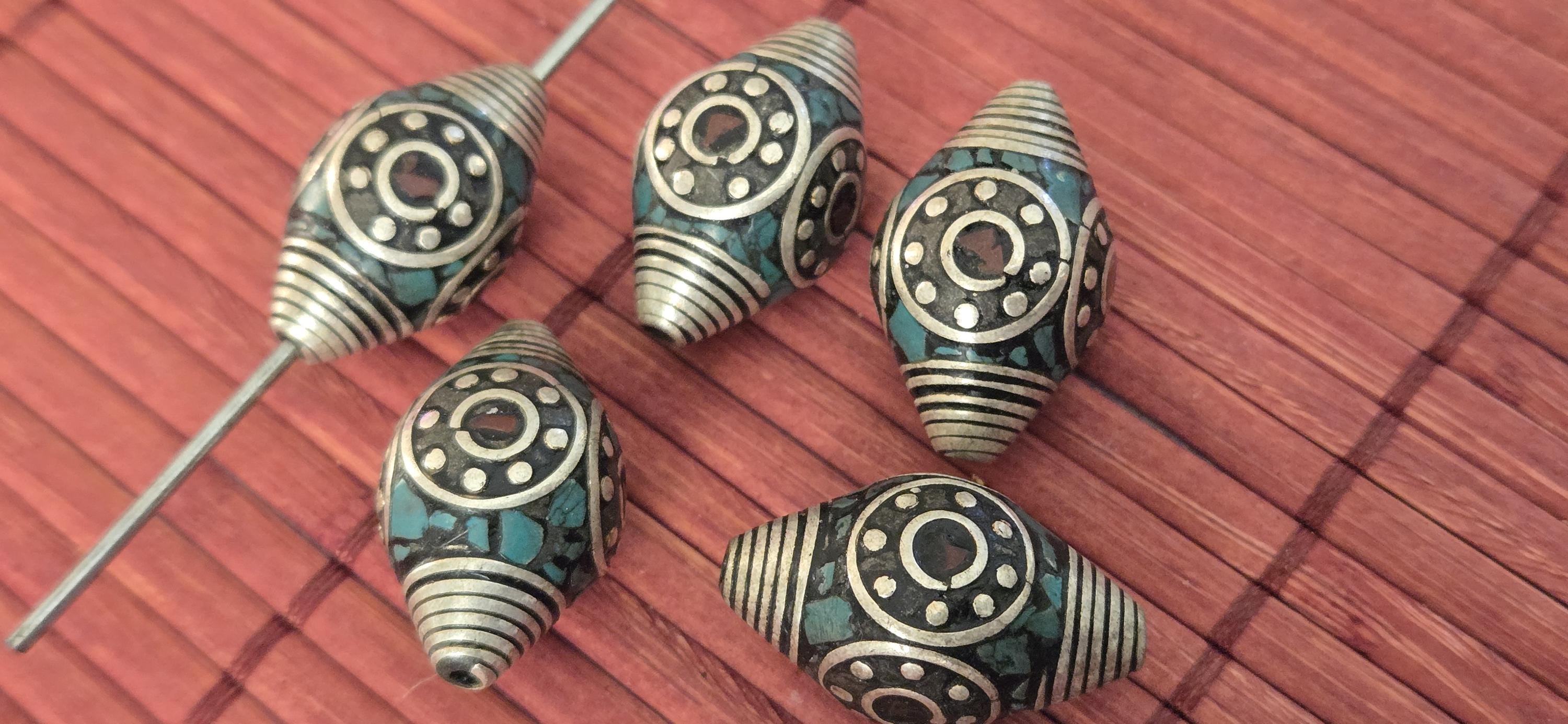 4 beads - Beautiful bicone antiqued silver finish bicone Tibetan beads turquoise coral inlay circles dotted spiral design - BD602A