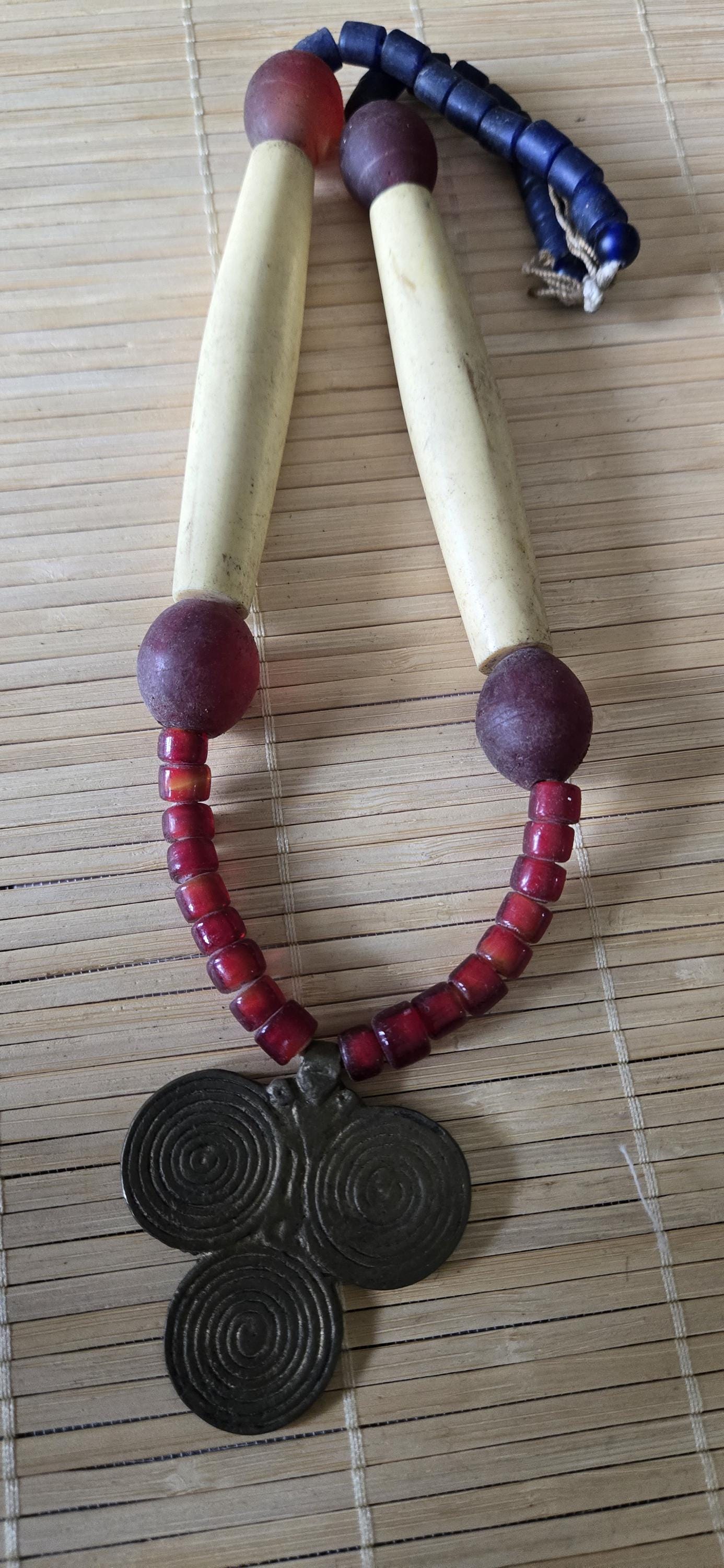 Vintage tribal naga glass beads bone beads brass pendant necklace STR004B