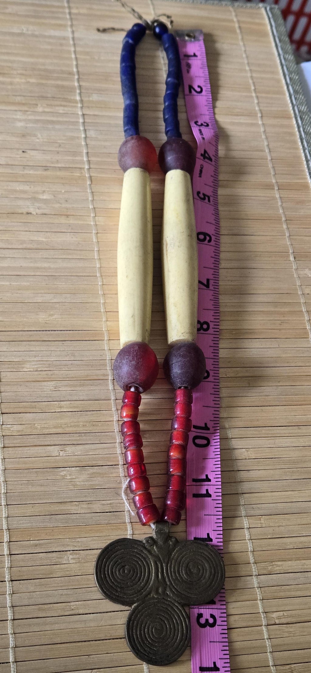 Vintage tribal naga glass beads bone beads brass pendant necklace STR004B
