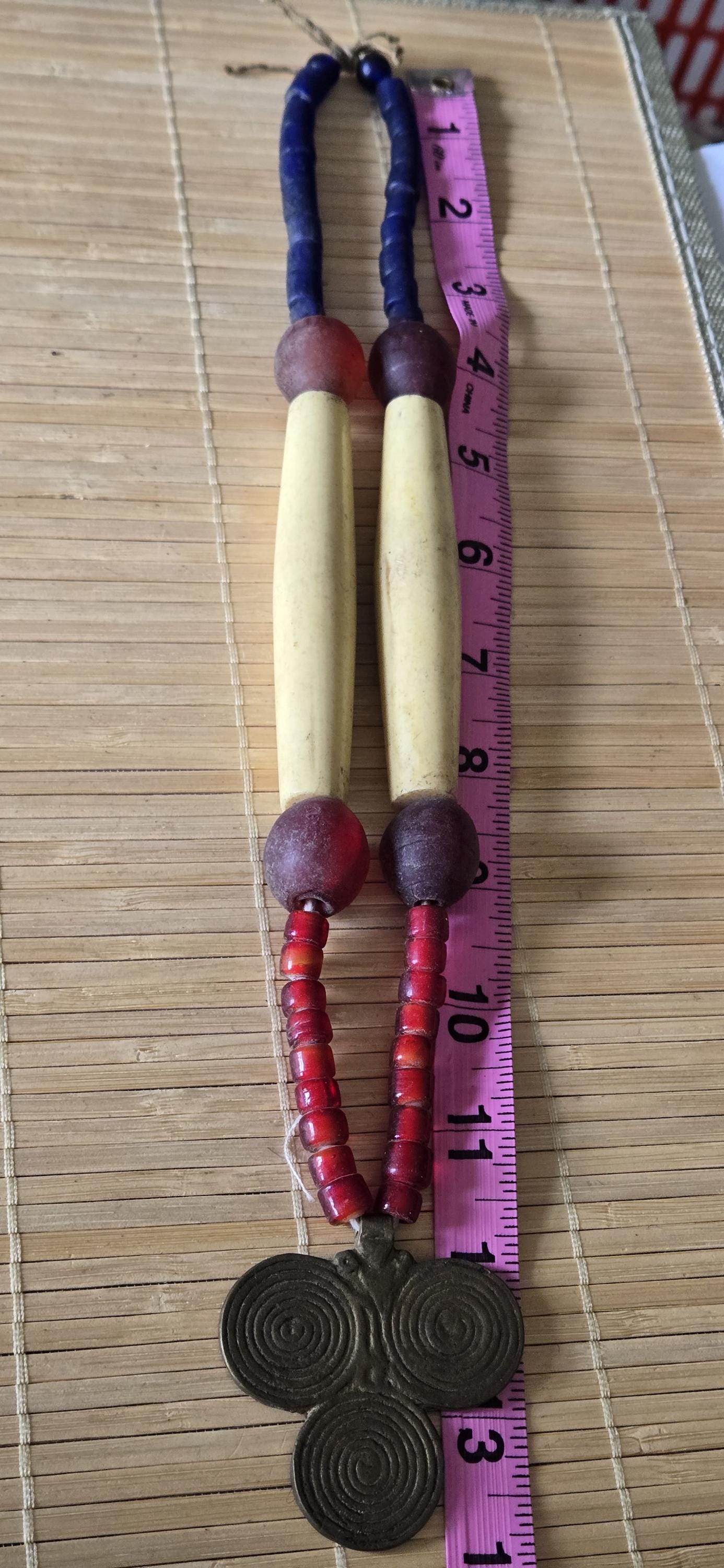Vintage tribal naga glass beads bone beads brass pendant necklace STR004B
