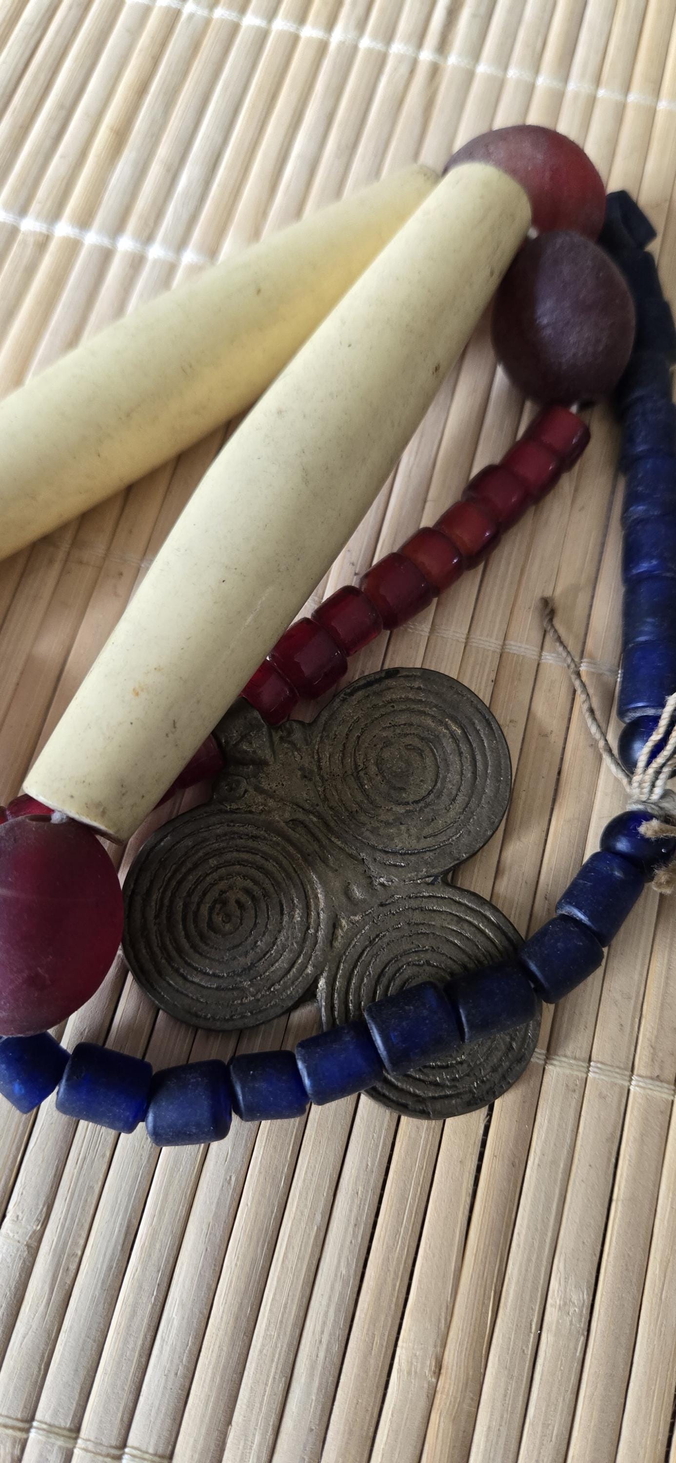 Vintage tribal naga glass beads bone beads brass pendant necklace STR004B