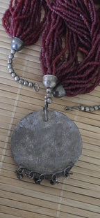 Vintage sherpa Red glass beads ethnic pendant necklace from Nepal - STR004E