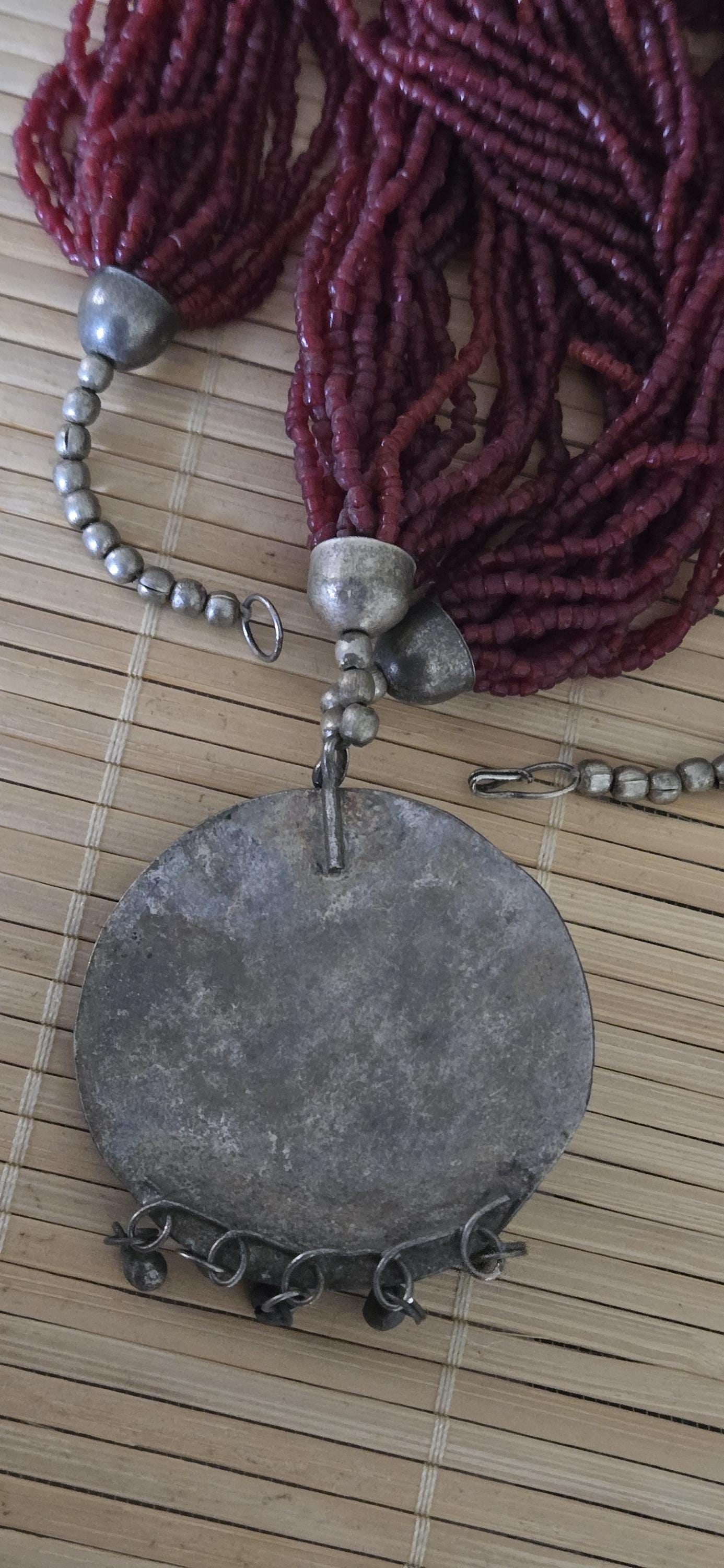 Vintage sherpa Red glass beads ethnic pendant necklace from Nepal - STR004E