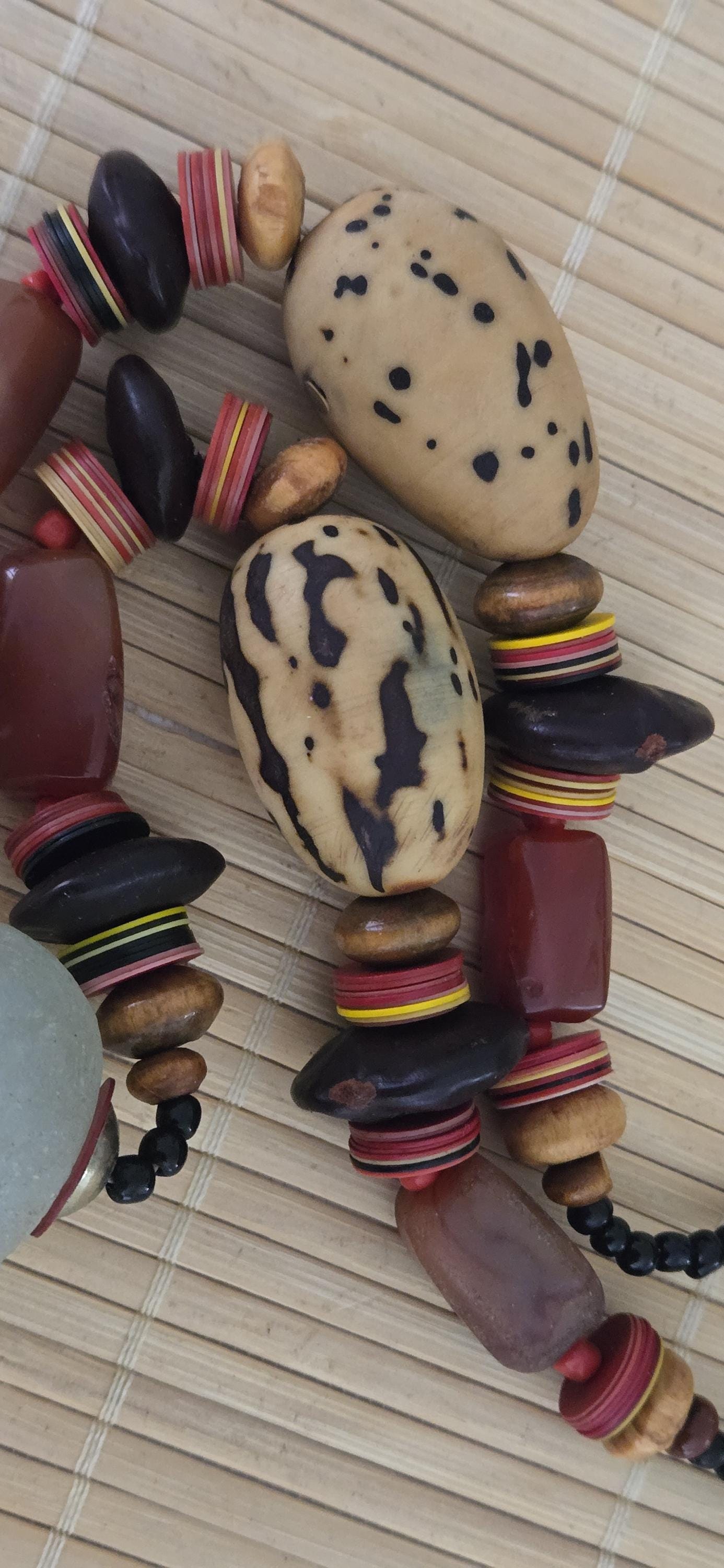 Vintage African Beads Strand large agate, Piassava Palm Seed beads, Carnelian Glass & Disc Beads Natural Tribal Jewelry Supplies STR005H