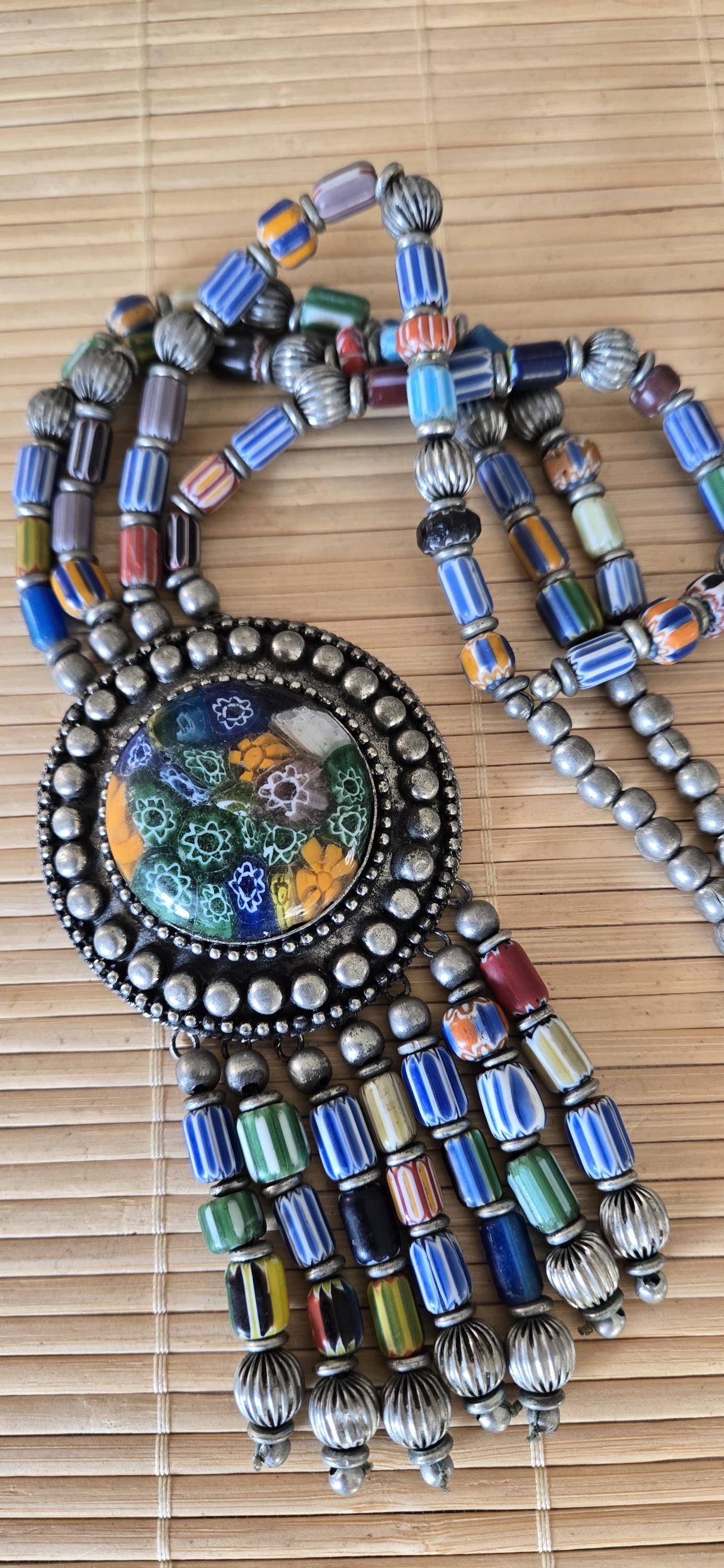 Gorgeous hand crafted vintage chevron old glass beads necklace pendant from Nepal STR006B
