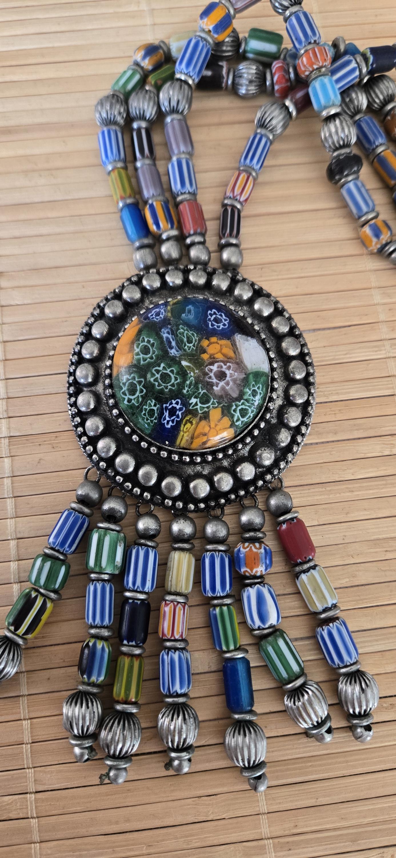 Gorgeous hand crafted vintage chevron old glass beads necklace pendant from Nepal STR006B