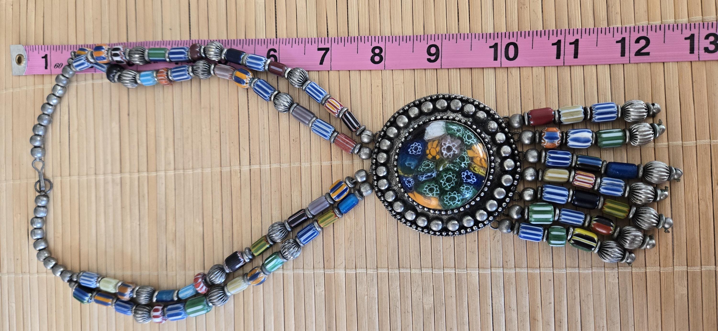 Gorgeous hand crafted vintage chevron old glass beads necklace pendant from Nepal STR006B