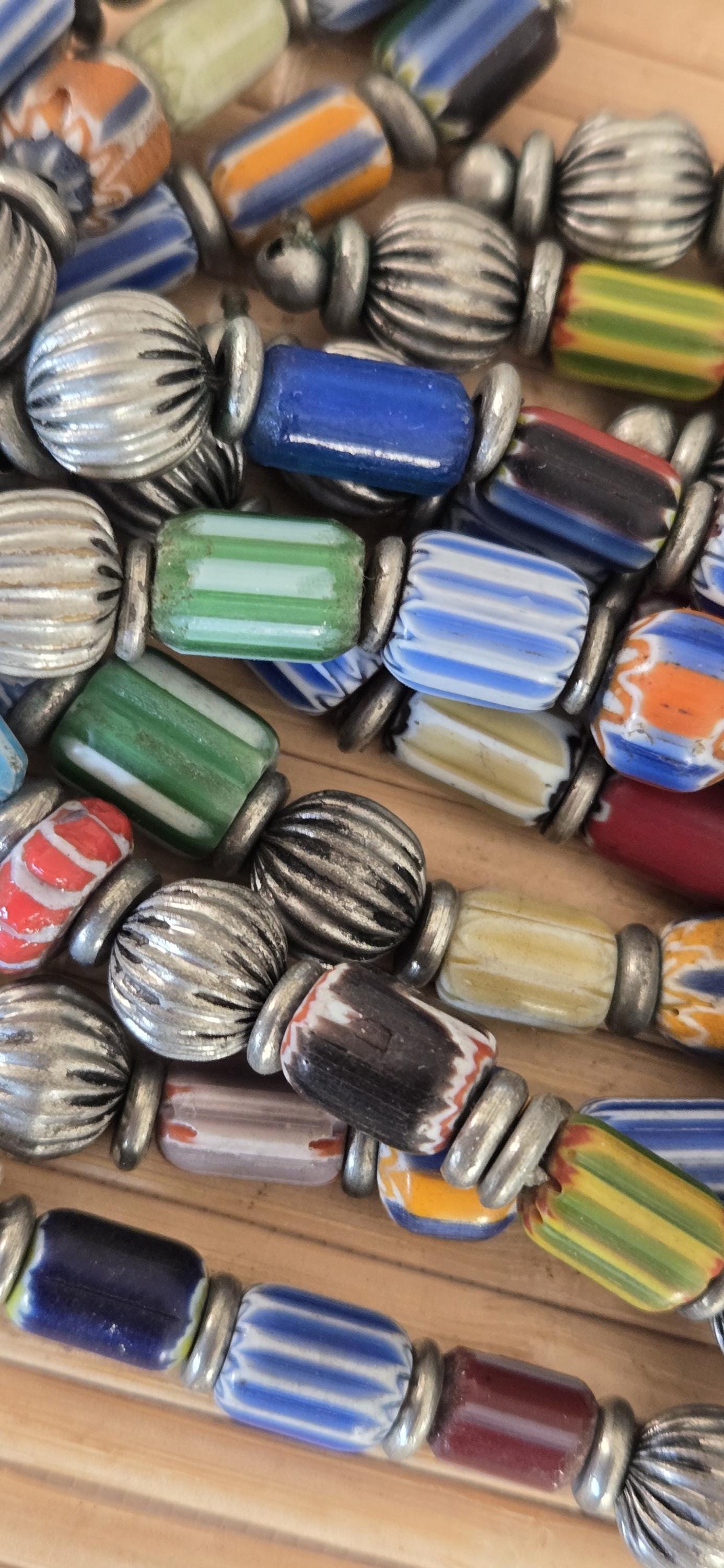Gorgeous hand crafted vintage chevron old glass beads necklace pendant from Nepal STR006B