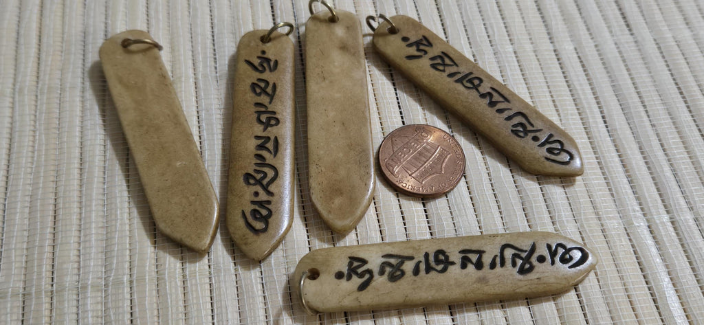 Tibetan prayer mantra Om Mani Padme Hum Pendant – Rectangular Arrowhead shape, Recycled Cattle Bone om amulet charm – 1 pendant - PB053B