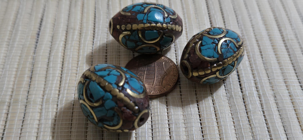 2 Beads - Large 20 mm x 16 mm size Oval shape Tibetan brass beads with turquoise inlay ethnic nepal beads inlaid beads - BD399