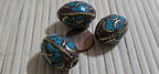 2 Beads - Large 20 mm x 16 mm size Oval shape Tibetan brass beads with turquoise inlay ethnic nepal beads inlaid beads - BD399