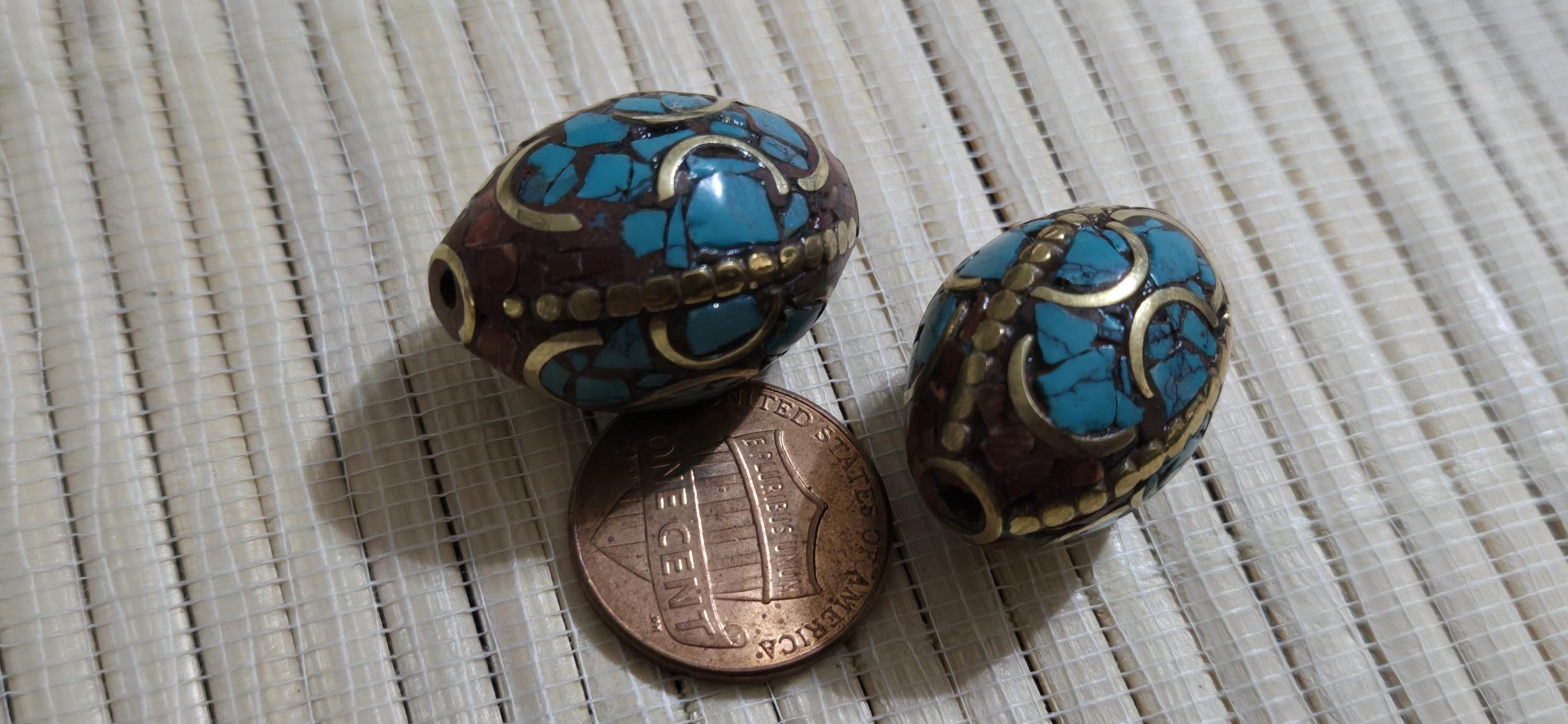 2 Beads - Large 20 mm x 16 mm size Oval shape Tibetan brass beads with turquoise inlay ethnic nepal beads inlaid beads - BD399