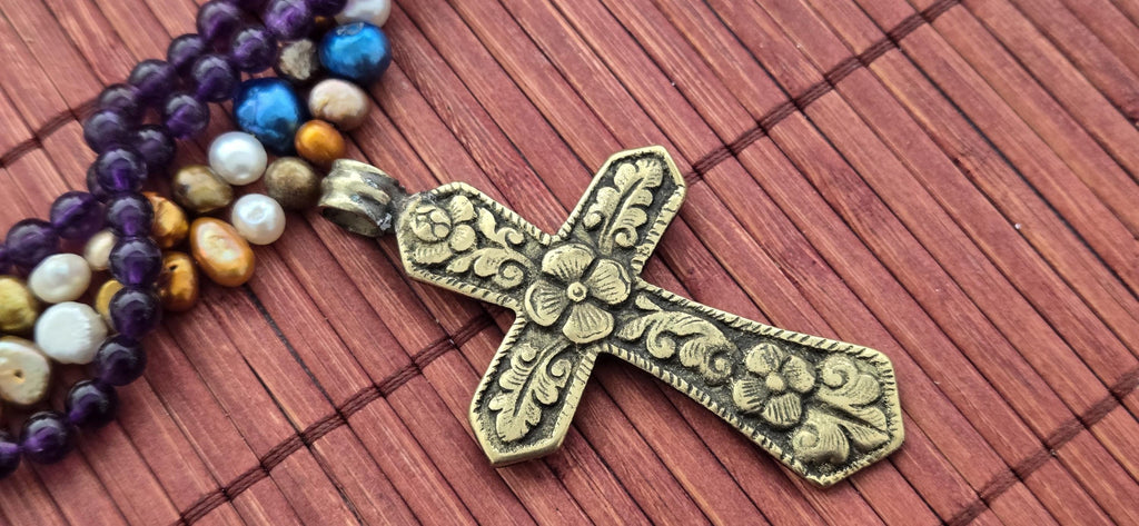 Reversible Tibetan Brass Cross Pendant – Hand-Carved Floral Design on Both Sides – Nepalese Artisan Jewelry – PM002E