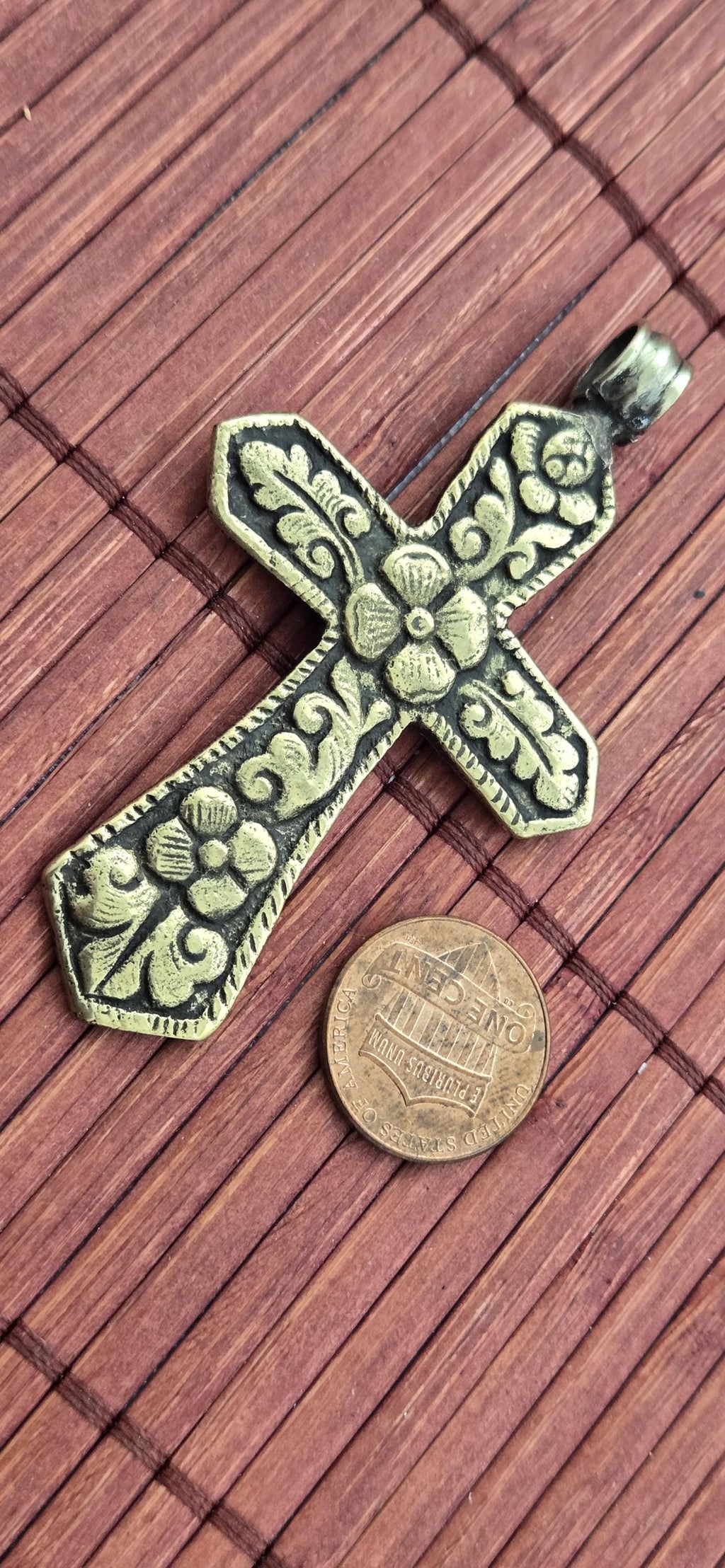 Reversible Tibetan Brass Cross Pendant – Hand-Carved Floral Design on Both Sides – Nepalese Artisan Jewelry – PM002E