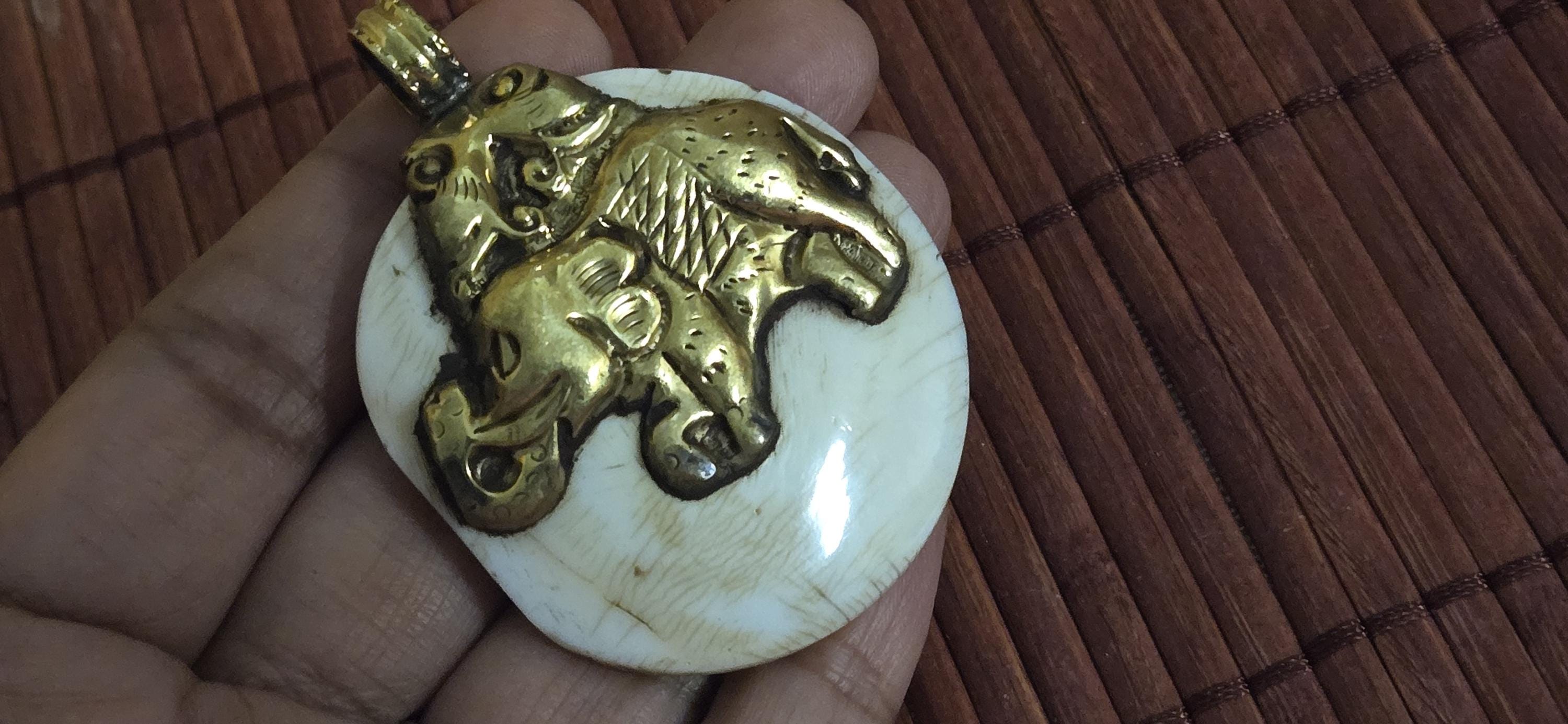 Majestic Elephant & Phoenix bird Pendant | Reversible Tibetan Conch Shell Amulet | Brass Trim Ethnic artistic pendant from Nepal PM004D