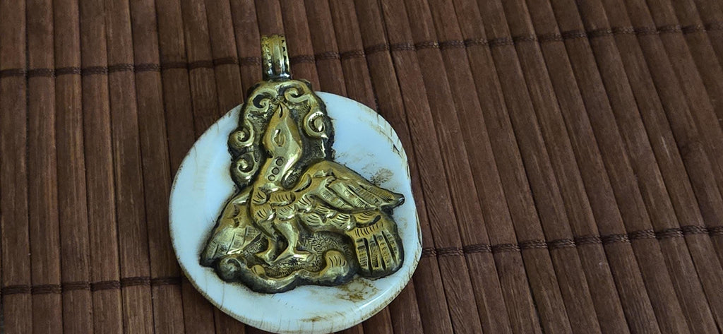 Majestic Elephant & Phoenix bird Pendant | Reversible Tibetan Conch Shell Amulet | Brass Trim Ethnic artistic pendant from Nepal PM004D