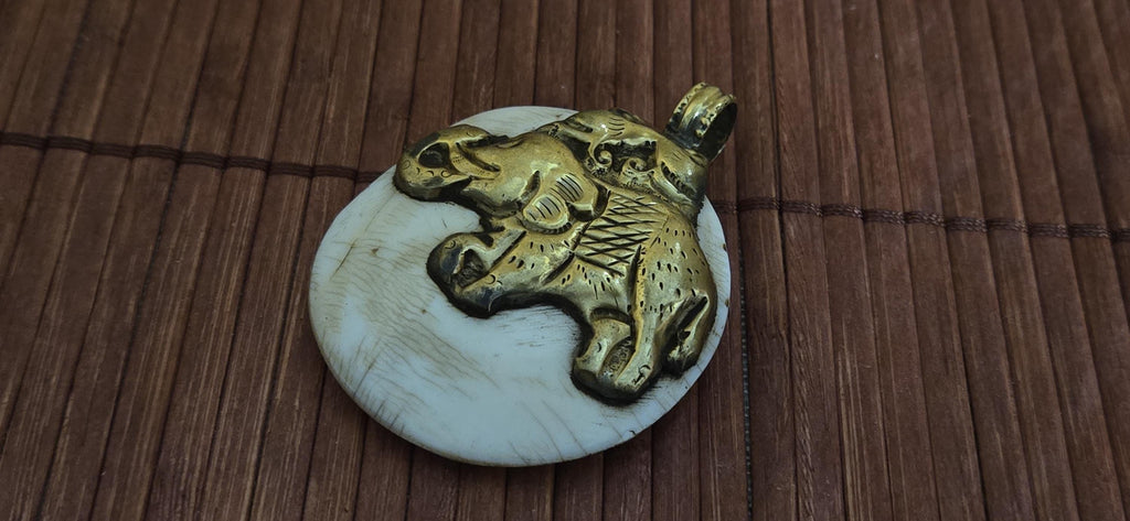 Majestic Elephant & Phoenix bird Pendant | Reversible Tibetan Conch Shell Amulet | Brass Trim Ethnic artistic pendant from Nepal PM004D